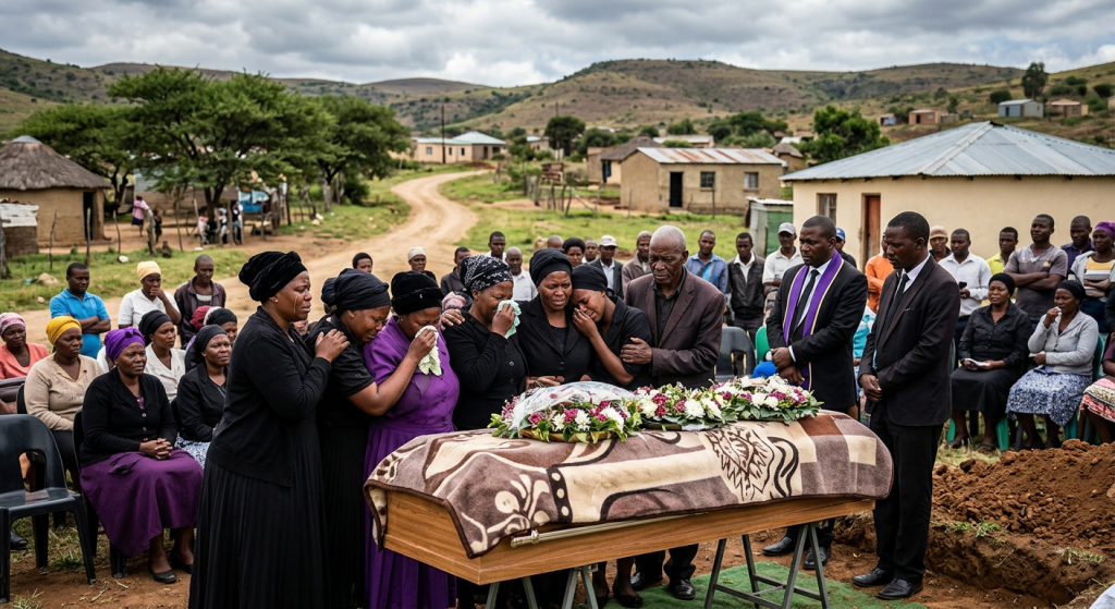 Mourners standing around a coffin outdoors in a rural village